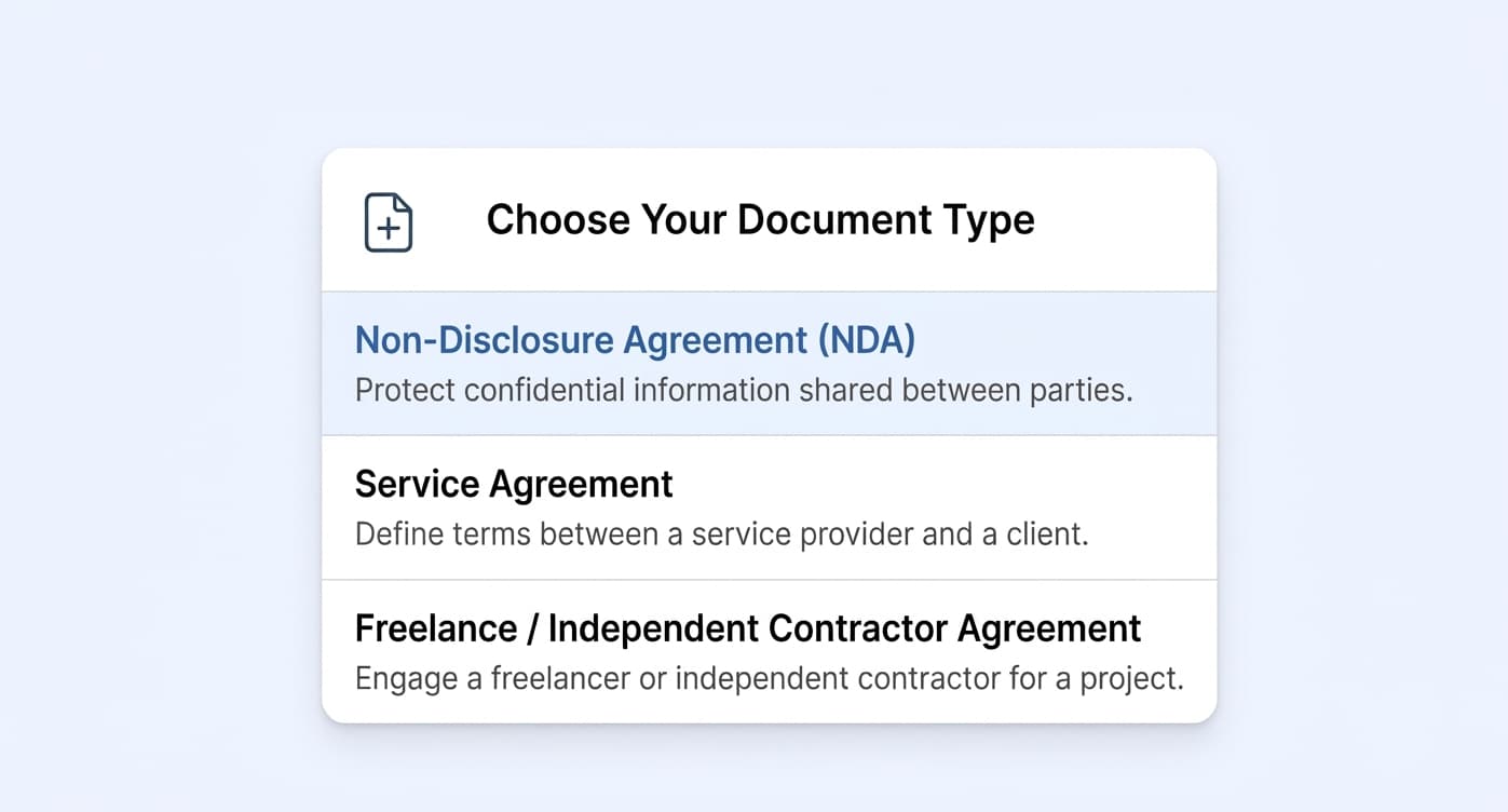 Choose document template and governing law jurisdiction
