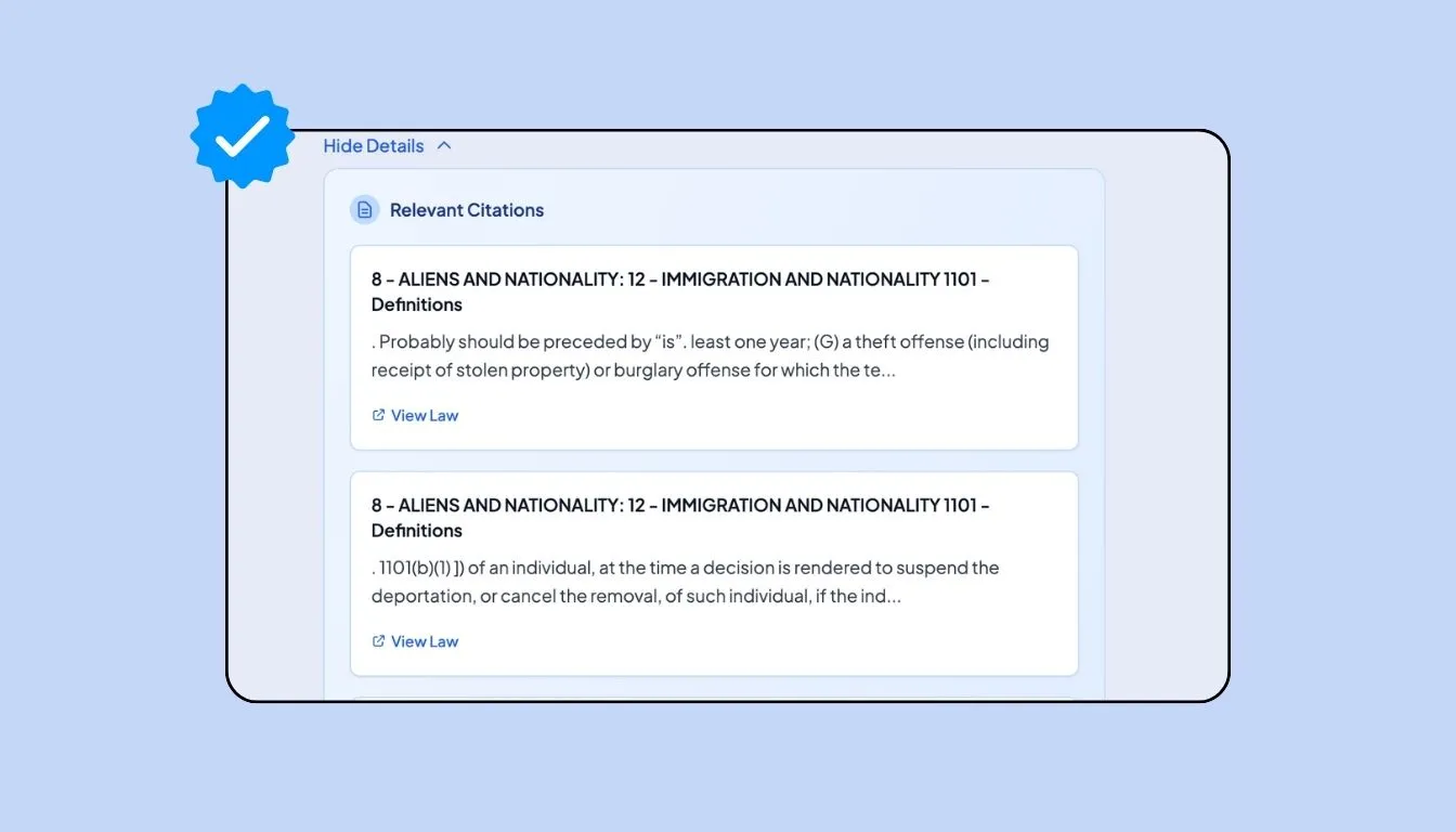 Verified legal answers with citations and sources from LegesGPT