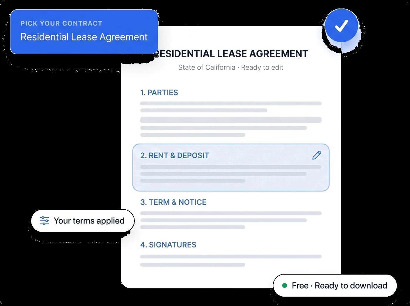 Contract maker building a residential lease agreement with editable clauses